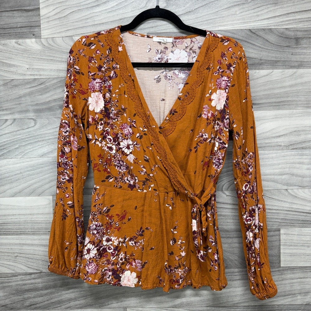 Maurices Wrap Blouse Women's S Mustard Yellow Floral Side Tie Waist Lace-Up Neck